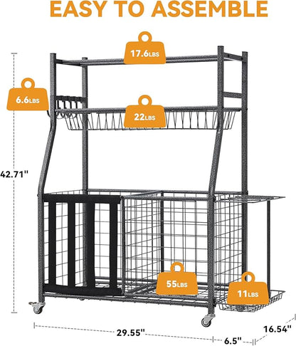 HOMREST Sports Equipment Storage, Ball Storage, Ball Holder, Garage Sports Organizer with Basket and Hooks, Rolling Sports Ball Storage with Wheels for Toy Sports Gear Storage, Black
