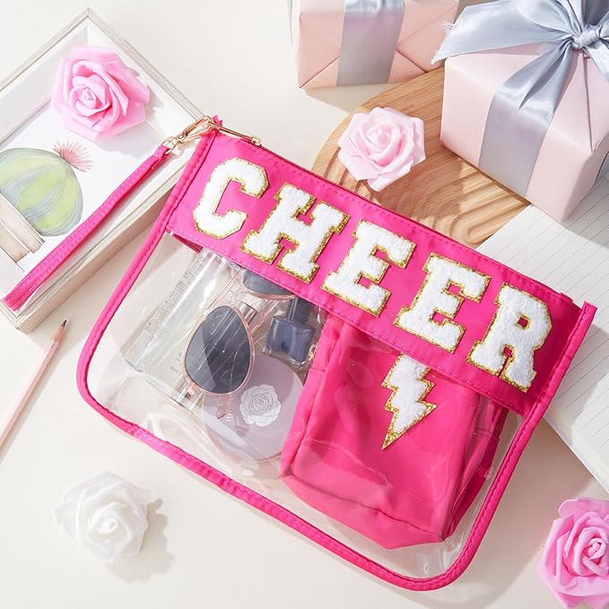 Hillban 2 Pcs Cheer Makeup Cosmetic Bag Cheerleader Team Gifts Clear Zipper Toiletry Pouch for Travel Chenille Letter Bag Pink Preppy Patch Purse PVC Waterproof Cheer Stuff Accessories for Women Girl