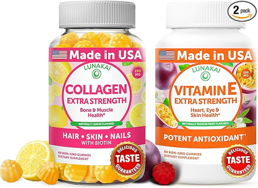 Lunakai Collagen and Vitamin E Gummies Bundle - Non-GMO Anti Aging Supplements for Men & Women - Natural Gummy with Vitamin C & 250 mg Natural VIT E