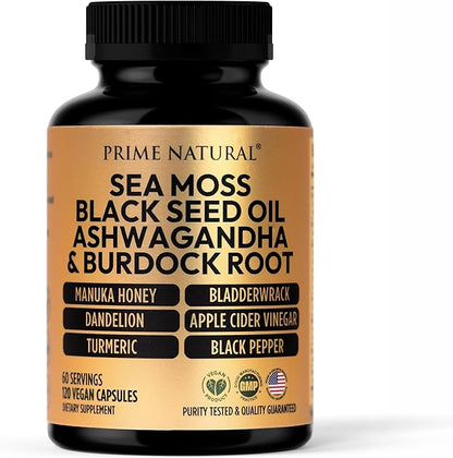 Sea Moss 3000mg Black Seed Oil 2000mg Ashwagandha 1000mg Turmeric 1000mg Bladderwrack 1000mg Burdock 1000mg Manuka Honey Dandelion ACV - 120 Capsules | 60 Days Supply | Vegan