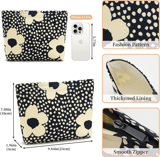 WOZEAH Floral Makeup Bag for Purse Small Cosmetic Pouch,Stylish Zipper Make up Pouch Travel Canvas Toiletry Bags(Black Big Flower)