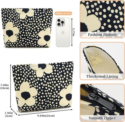 WOZEAH Floral Makeup Bag for Purse Small Cosmetic Pouch,Stylish Zipper Make up Pouch Travel Canvas Toiletry Bags(Black Big Flower)