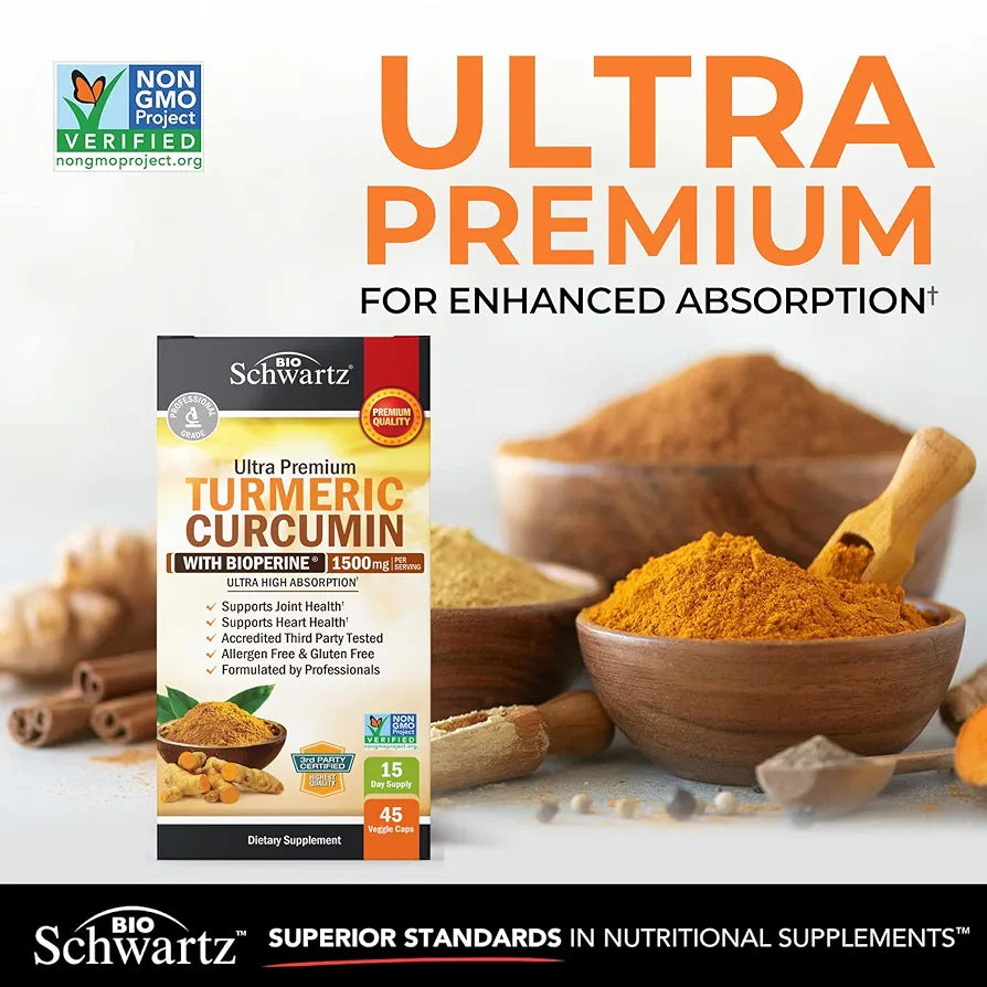 Turmeric Curcumin with Black Pepper Extract 1500mg - High Absorption Ultra Potent Turmeric Supplement with 95% Curcuminoids and BioPerine - Non GMO Tumeric Capsules for Joint Support - 45 Capsules