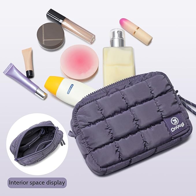 Quilted Cosmetic Bag, Puffer Makeup Bags, Crossbody Purses for women,Cute Travel Toiletry Bag for Women (Purple)