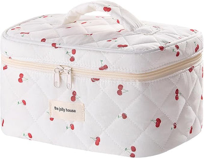 Cute Pink Cherry Quilted Makeup Bag, Large Capacity Travel Cosmetic Bag for Women and Girls, Aesthetic Storage for Daily and Travel Use,or for travel toiletry bag
