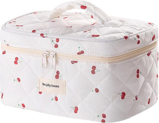 Cute Pink Cherry Quilted Makeup Bag, Large Capacity Travel Cosmetic Bag for Women and Girls, Aesthetic Storage for Daily and Travel Use,or for travel toiletry bag