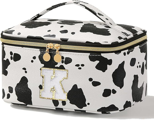 Meiyuuo Birthday Gifts Personalized Makeup Bag Cute Cosmetic Bags Large Travel Pro Pouch Toiletry Bag with Divider and Handle Teens Tweens Gifts Trendy Stuff Cow Print K