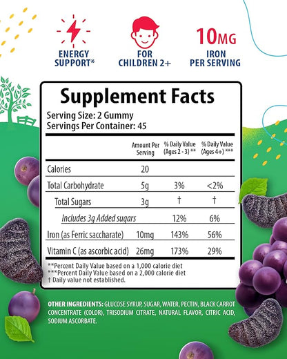 SUNNY SAM Iron Gummies for Kids & Teens - 10mg Iron Vitamins with Vitamin C - Low-Sugar Chewable Iron Gummy Supplement for Immune Support, Supports Red Blood Cell Production for Children & Teen Girls