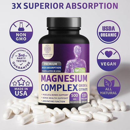 N1N Premium Magnesium Complex - High Absorption Magnesium Supplement for Women and Men to Support Regularity and Bone Health- 120 Veggie Capsules