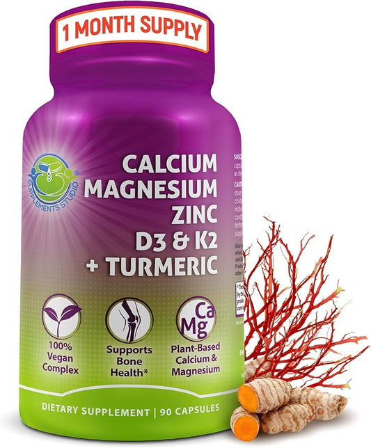 Plant-Based Calcium 500mg (Aquamin) - Vegan Calcium Magnesium Zinc D3 + Vitamin K2, Organic Turmeric & BioPerine - Supports Enhanced Bone Health & Strength for Women and Men - 90 Count