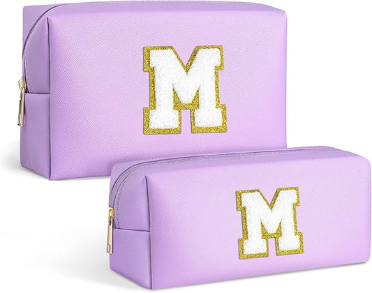 TOPEAST Preppy Stuff Tween Girls Gifts, 2 PCS Monogram Cute Cosmetic Makeup Bag Pouch Case Travel Toiletry Make Up Bag For Women Her Mom Best Friend Sister Teacher Bridesmaid, Purple M