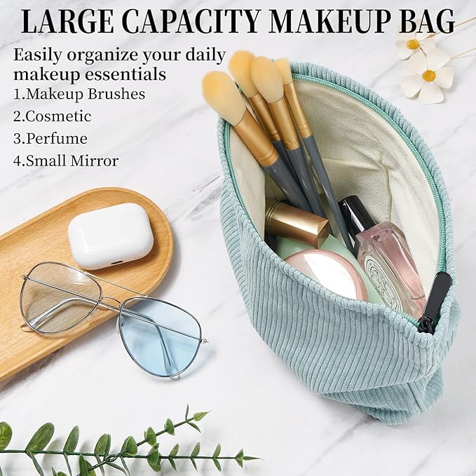 WOZEAH Corduroy Makeup Bag for Purse Small Cosmetic Pouch,Stylish Zipper Make up Pouch Travel Canvas Toiletry Bags(Corduroy Blue)