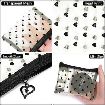 6 Pack Mini Zipper Mesh Makeup Bags, Heart Print Nylon Cosmetic Bags Toiletry Bags for Office Travel Organization (Beige, XS)
