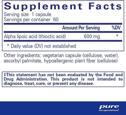 Pure Encapsulations Alpha Lipoic Acid 600 mg - ALA Supplement for Liver Support, Antioxidants, Nerve Health, Cardiovascular Health & Carbohydrate Support - Premium Alpha Lipoic Acid - 60 Capsules