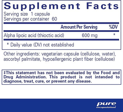 Pure Encapsulations Alpha Lipoic Acid 600 mg - ALA Supplement for Liver Support, Antioxidants, Nerve Health, Cardiovascular Health & Carbohydrate Support - Premium Alpha Lipoic Acid - 60 Capsules