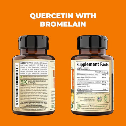 Quercetin with Bromelain Turmeric Supplement - Quercetin 500mg Capsules with Curcumin & Bromelain powder for Allergy & Joint Support. Turmeric Curcumin Bromelain Supplement. 60 Vegan Tumeric Capsules