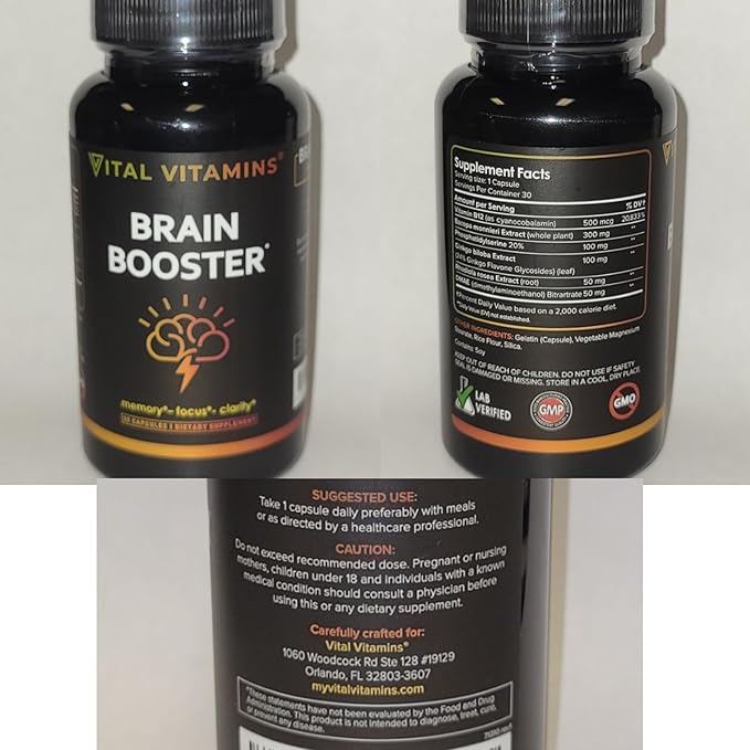 Vital Vitamins Brain Supplements for Memory and Focus (3 Pack) - Nootropic Brain Support - Memory, Clarity, Focus, Energy - Vitamin B12, Gingko Biloba, DMAE