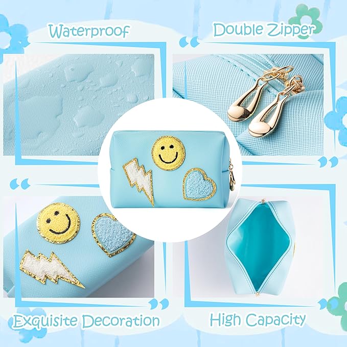 LieToi Preppy Patch Small Toiletry Bag, Smile Lightning Heart PU Leather Portable Waterproof Makeup Cosmetic Bag Daily Use Storage Purse Travel Organizer Compliant Bag for Women Girls (Canal Blue)