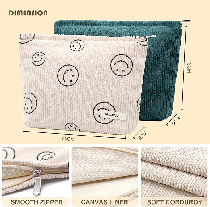 Corduroy Makeup Bag Cosmestic Bag 2pcs Large Capacity Ladies Women Aesthetic Make Up Organizer Accessories Zipper Pouch Purse （Beige+Green）