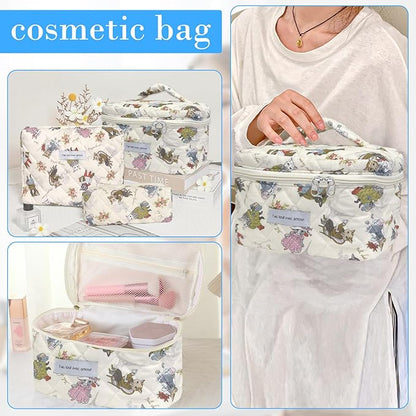 Quilted Makeup Bag, Large Capacity Travel Cosmetic Bag for Women and Girls, Aesthetic Storage for Daily and Travel Use (3pcs-CatAnimalPrint)