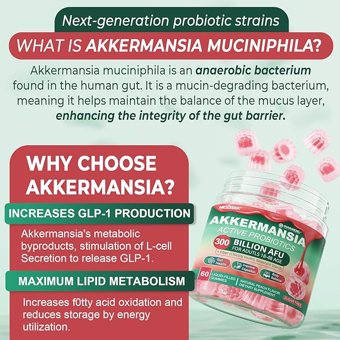 Akkermansia Probiotics Gummies with Prebiotics Fiber, 300 Billion AFU Akkermansia Muciniphila, with Polyphenol Fruits, Resistant Starch, Vitamin A D3 B2 for Metabolism, Digestive & Gut Health, 1Pack