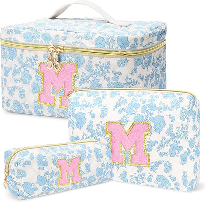 3 PCS Travel Makeup Bag Set, A-Z Initials Cotton Make up Bag Floral Quilted Cosmetic Bag for Girls and Women, Personalized Cute Toiletry Bag Travel Accessories Brushes Bag Blue - M