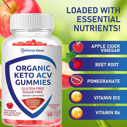 Organic Keto ACV Gummy Advanced Weight Loss - Gluten & Sugar Free Pro Active Rapid Belly Fat Burner Apple Cider Vinegar Diet Supplement for Women Men (1200MG) (2 Packs)