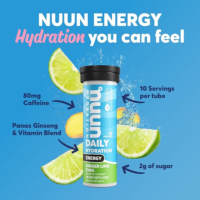 Nuun Hydration Energy Electrolyte Tablets with Caffeine, B Vitamins and Ginseng, Ginger Lime Zing, 5 Essential Electrolytes for Hydration, Vegan, Non-GMO, 8 Pack (80 Servings)
