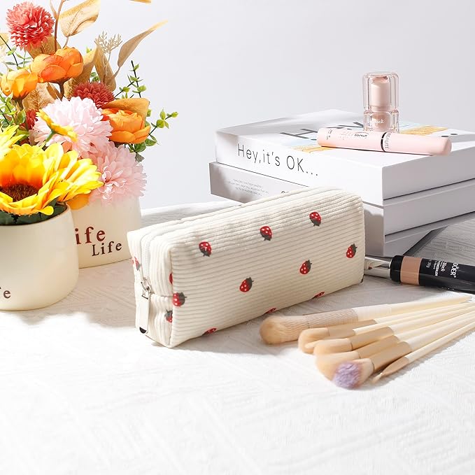Cosmetic Bag for Women Corduroy Makeup Bag Travel Make Up Organizer Tool Pouch Small Bag for Purse, Zipper Portable Storage Pouch Toiletry Bag for Women (Beige strawberry)