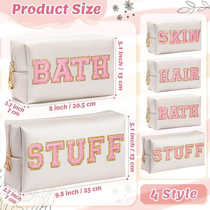 CY2SIDE STUFF Letter Makeup Bag - 4PCS Pink Stuff Hair Bath Skin Chenille Letter Patch Cosmetic Bag Preppy PU Leather Patch Pouch Waterproof Portable Zipper Travel Organizer Xmas Gifts for Women Girls