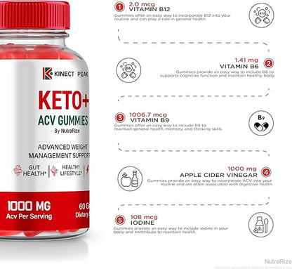 (3 Pack) Kinect Peak Keto ACV Gummies, KinectPeak Keto + ACV Supplement, All Natural Keto Plus Apple Cider Vinegar, Premium 1000MG Formula Plus Vitamins, Official Gomitas Reviews (180 Gummies)