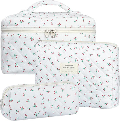 Quilted Makeup Bag Set, 3Pcs Large Checkered Corduroy Cosmetic Bags, Cute Coquette Makeup Bag Toiletry Zipper Pouch Bag for Women and Girls Checkered
