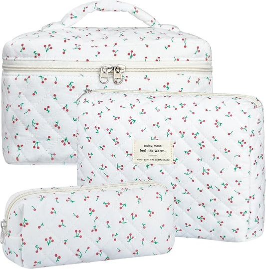 Quilted Makeup Bag Set, 3Pcs Large Checkered Corduroy Cosmetic Bags, Cute Coquette Makeup Bag Toiletry Zipper Pouch Bag for Women and Girls Checkered