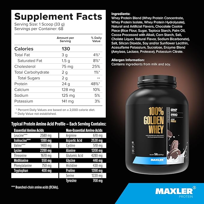 Maxler 100% Golden Whey Protein - 24g of Premium Whey Protein Powder per Serving - Pre, Post & Intra Workout - Fast-Absorbing Whey Hydrolysate, Isolate & Concentrate Blend - Cookies & Cream 5 lbs