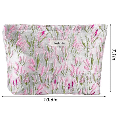 ZLFSRQ Flower Makeup Bag Travel Cute Floral Cosmetic Bags for Women Large Toiletry Pouch Zipper Cosmetic Pouch for Purse Aesthetic Embroidery Makeup Organizer Bag Portable Toiletry Bags(Green &Pink)