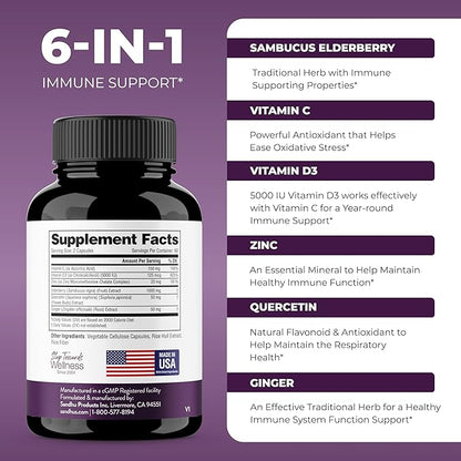 Elderberry Vitamin C and Zinc 120 Capsules | with Quercetin and Vitamin D3 | Immune Support for Adults | Herbal Supplement for Men and Women | 2 Months Supply | Natural Immunity Booster