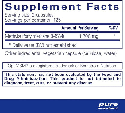 Pure Encapsulations MSM Capsules | Sulfur Supplement to Support Joints, Immune System, Connective Tissue, and Respiratory Health* | 250 Capsules