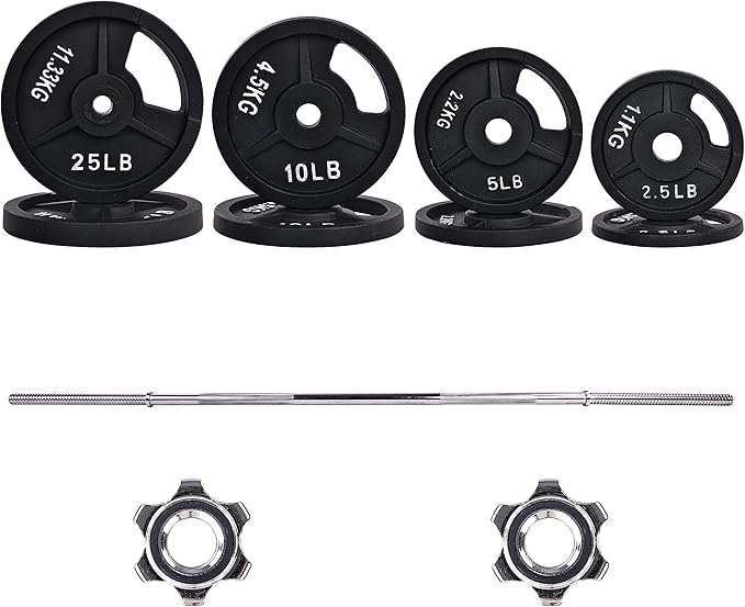 Signature Fitness Cast Iron Standard Weight Plates Including 5FT Standard 95-Pound Set (85 Pounds 10 Pounds