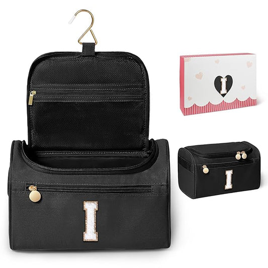 COSHAYSOO Summer Birthday Gifts for Women Her Beach Vacation Gift Ideas Personalized Travel Size Toiletries Organizer, Large Hanging Toiletry Bag Skincare Case Waterproof Traveling Black Letter I