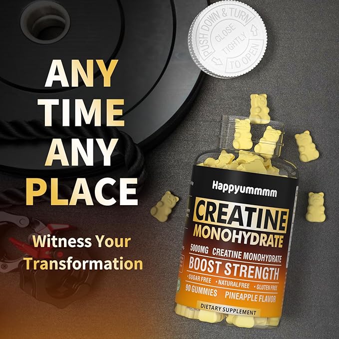 Creatine Monohydrate Gummies 5000mg for Men & Women, Chewables Creatine Monohydrate for Muscle Strength, Muscle Builder, Energy Boost, Pre-Workout Supplement(90 Count)-Pineapple.