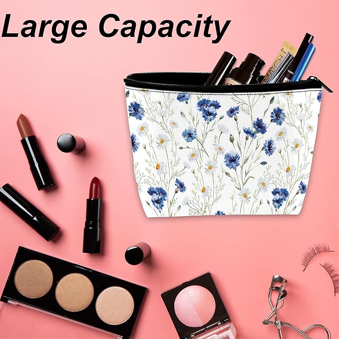 Daisy Makeup Bag Blue Cornflower Cosmetic Bag for Women, Travel Small Pouch for Toiletries, Water Resistant Gift 9.5×5.9 Inch