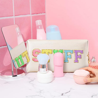 CY2SIDE STUFF Letter Makeup Bag - Colorful Stuff Chenille Letter Patch Cosmetic Bag Shell Gold PU Leather Patch Pouch Waterproof Portable Zipper Travel Organizer Christmas Idea Gifts for Women Girls