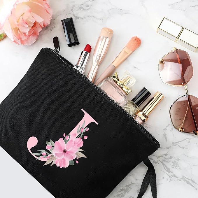 Vavabox A-Z Personalized Makeup Bag, Birthday Gifts for Women Mom, Gifts for Best Friend, Bride Bridesmaid Cosmetic bag (J, Black)