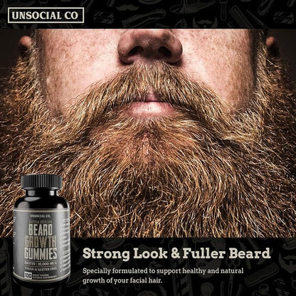 Extra Strong Beard Growth Vitamins Gummies | Biotin 10000 MCG | Promotes Facial Hair Growth for Men | Biotin Beard Grow Gummies | Strong & Thick Beard Growth Gummies for Men | Strawberry