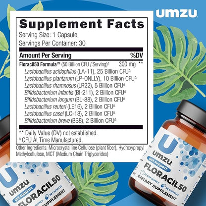 UMZU Floracil50 Prebiotics and Probiotics Supplement for Gut Health | 50 Billion CFU with 8 Strains of Bacteria to Support Digestion, Immunity & Energy (30 Day Supply | 30 Capsules)