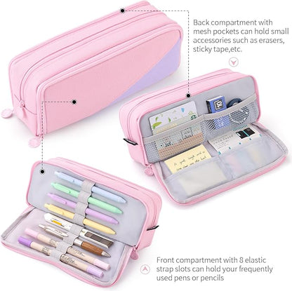 CICIMELON Big Capacity Pencil Case 3 Compartments Pen Pouch Bag Multifunctional Organizer for School Office, Rose Pink