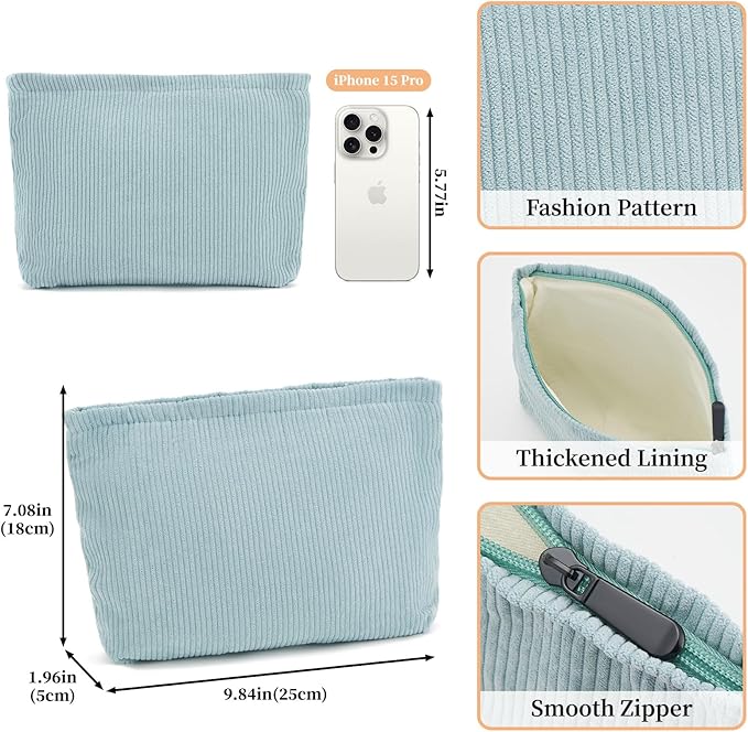 WOZEAH Corduroy Makeup Bag for Purse Small Cosmetic Pouch,Stylish Zipper Make up Pouch Travel Canvas Toiletry Bags(Corduroy Blue)