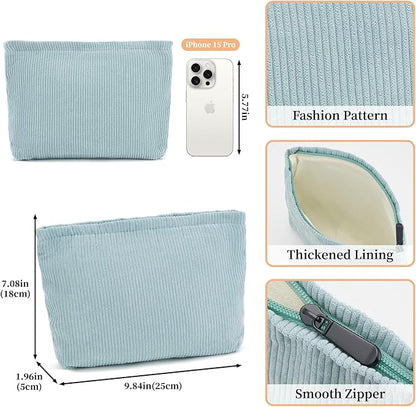 WOZEAH Corduroy Makeup Bag for Purse Small Cosmetic Pouch,Stylish Zipper Make up Pouch Travel Canvas Toiletry Bags(Corduroy Blue)