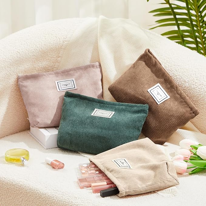 Sanwuta 4 Pack Velvet Makeup Bag Cosmetic Bag for Women Large Capacity Corduroy Pouch Zipper Canvas Travel Toiletry Purse Make up Organizer Case Accessories(Fresh Color,Plaid)