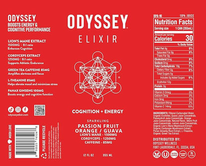 Odyssey Elixir Functional Beverage - Adaptogen Drink - Lions Mane, Cordyceps, L Theanine & Green Tea Caffeine - for Cognition, Energy & Mood Boost - 0 Added Sugar - Passion Fruit Orange Guava - 12 Pk